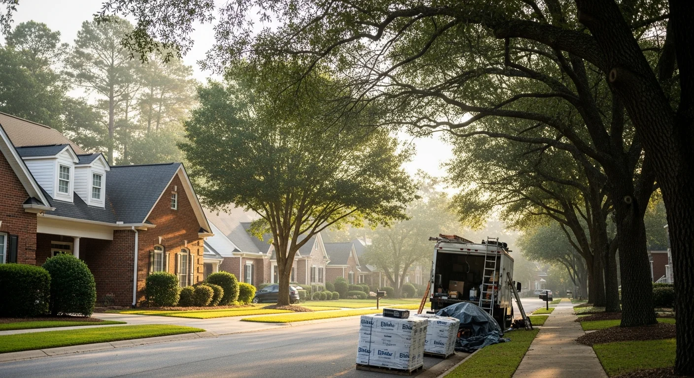 Residential street in Athens, Alabama with well-maintained homes and tree-lined sidewalks.