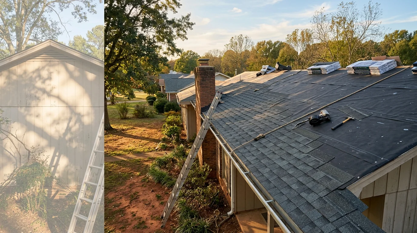 Residential roof installation on a 1970s-era home in Corinth, Mississippi, with architectural shingles and storm-rated underlayment