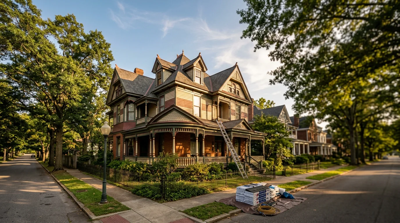 Historic Victorian homes with detailed rooflines in Decatur's Old Town district, showcasing the architectural character that requires specialized roofing expertise