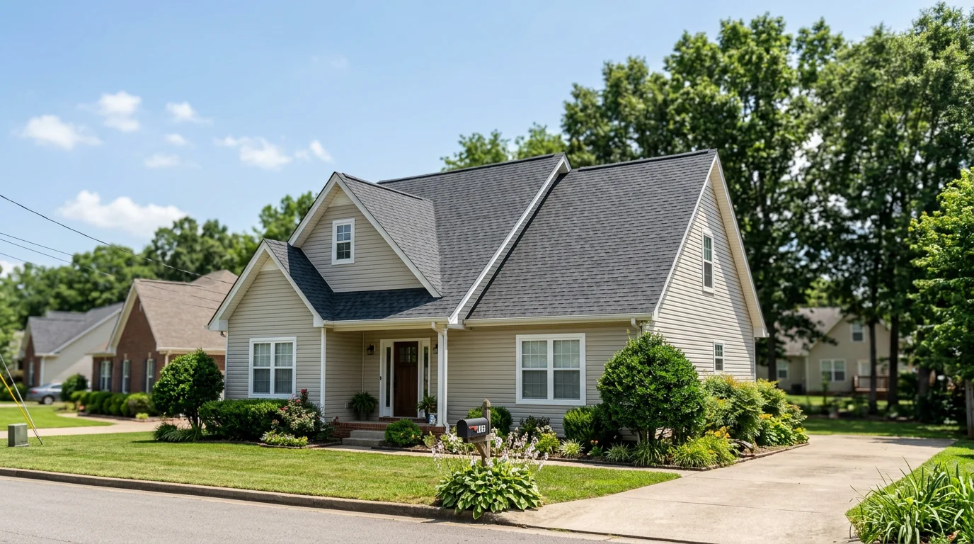 Modern residential home in Madison, Alabama with new asphalt shingle roof and vinyl siding under bright summer sun
