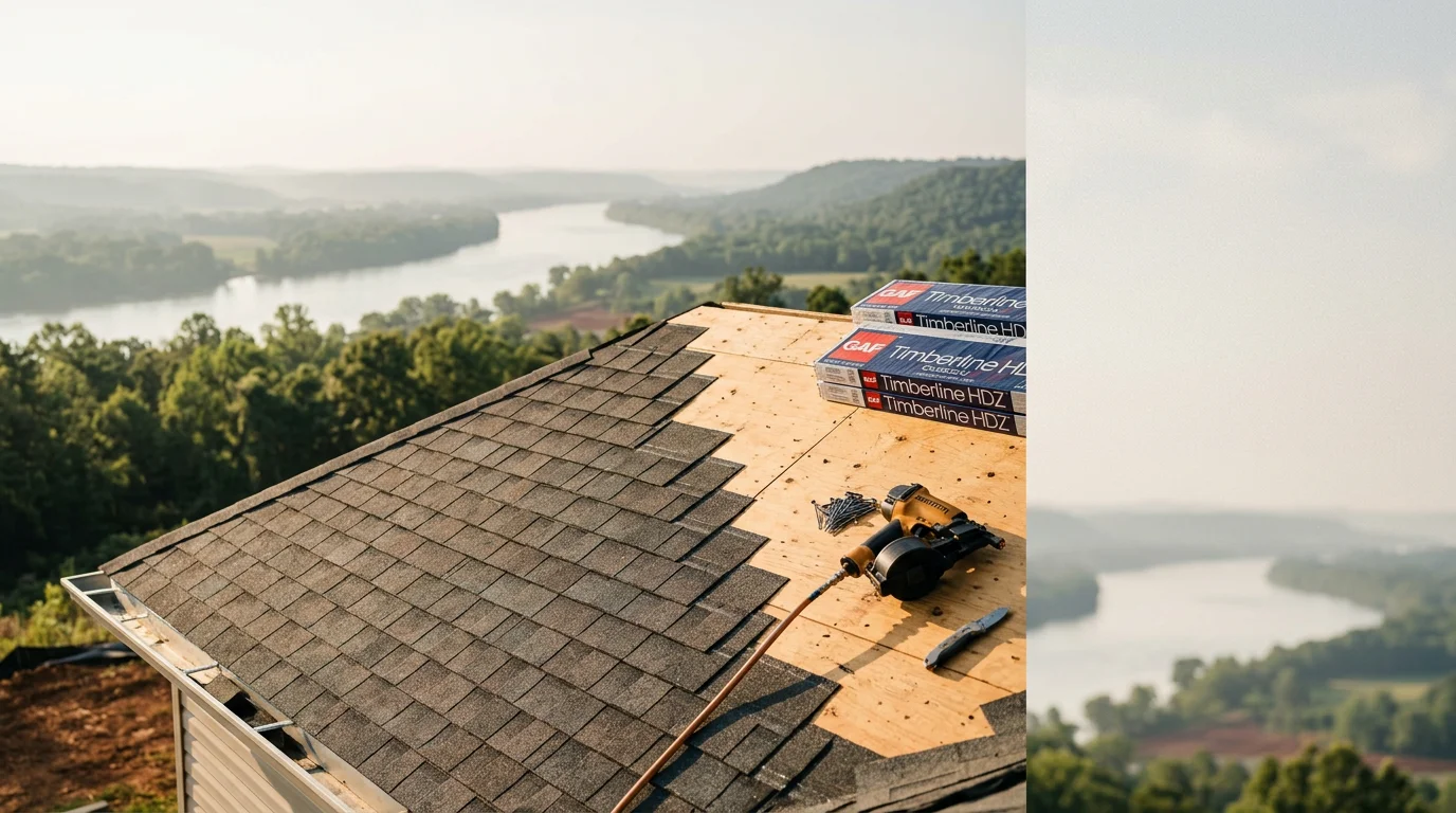 Residential roof installation in Muscle Shoals with asphalt shingles, Tennessee River valley landscape in background
