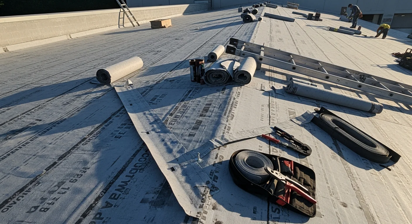A completed commercial flat roof installation on a warehouse building in Athens, GA, showing a light-colored membrane surface with rooftop HVAC units and drainage scuppers. The surrounding area reflects a typical Athens commercial and light industrial property setting.