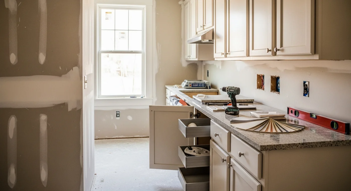 Remodeled kitchen in an Athens, Georgia home featuring new cabinetry, updated countertops, and modern lighting installed by Jorco Construction. The finished space shows a clean, functional layout suited to the scale of a mid-century Athens residential property.