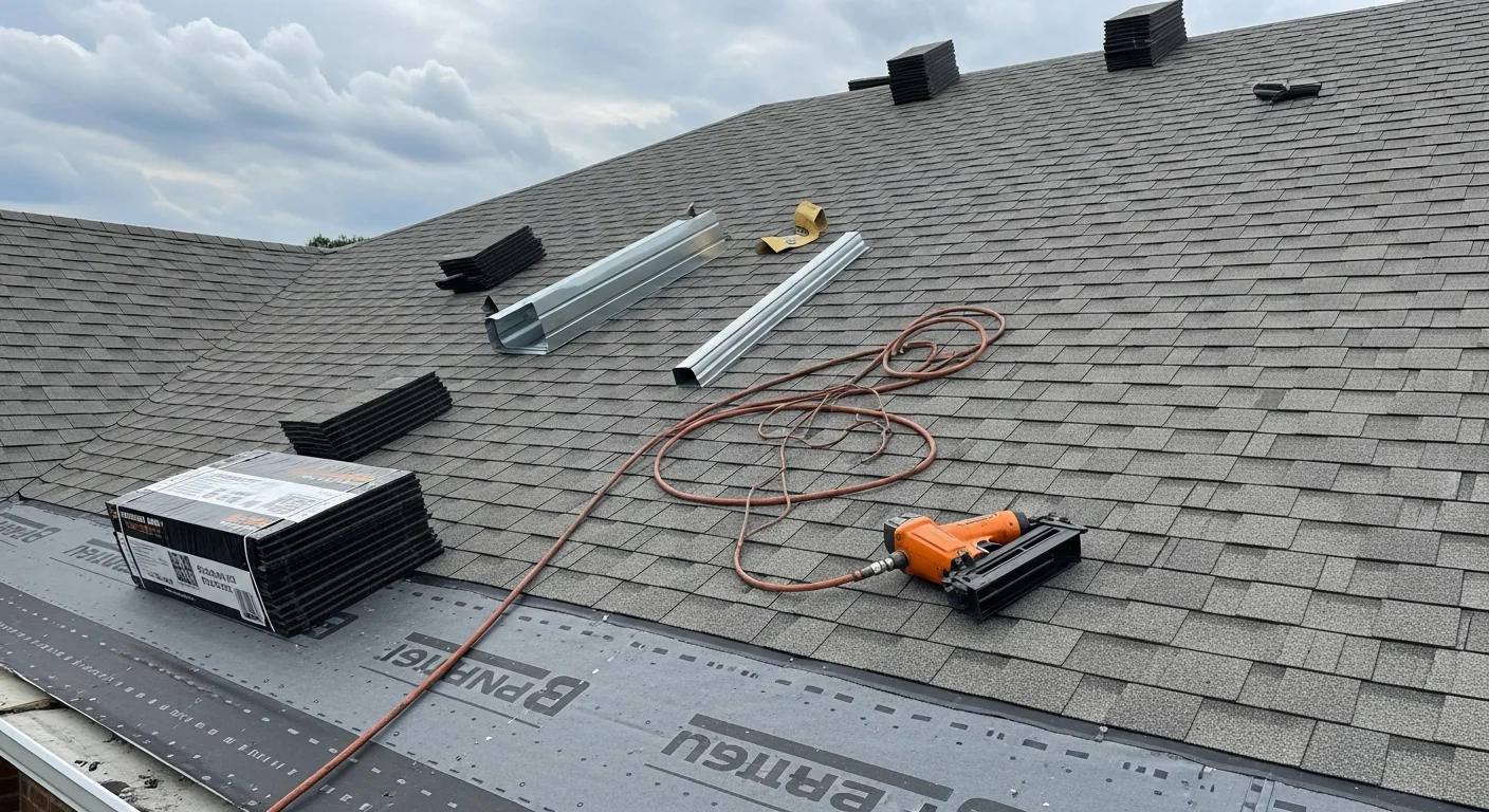 A newly installed residential roof on a single-family home in Athens, Georgia, showing clean roofing material, finished ridge line, and properly sealed flashing around a chimney penetration.