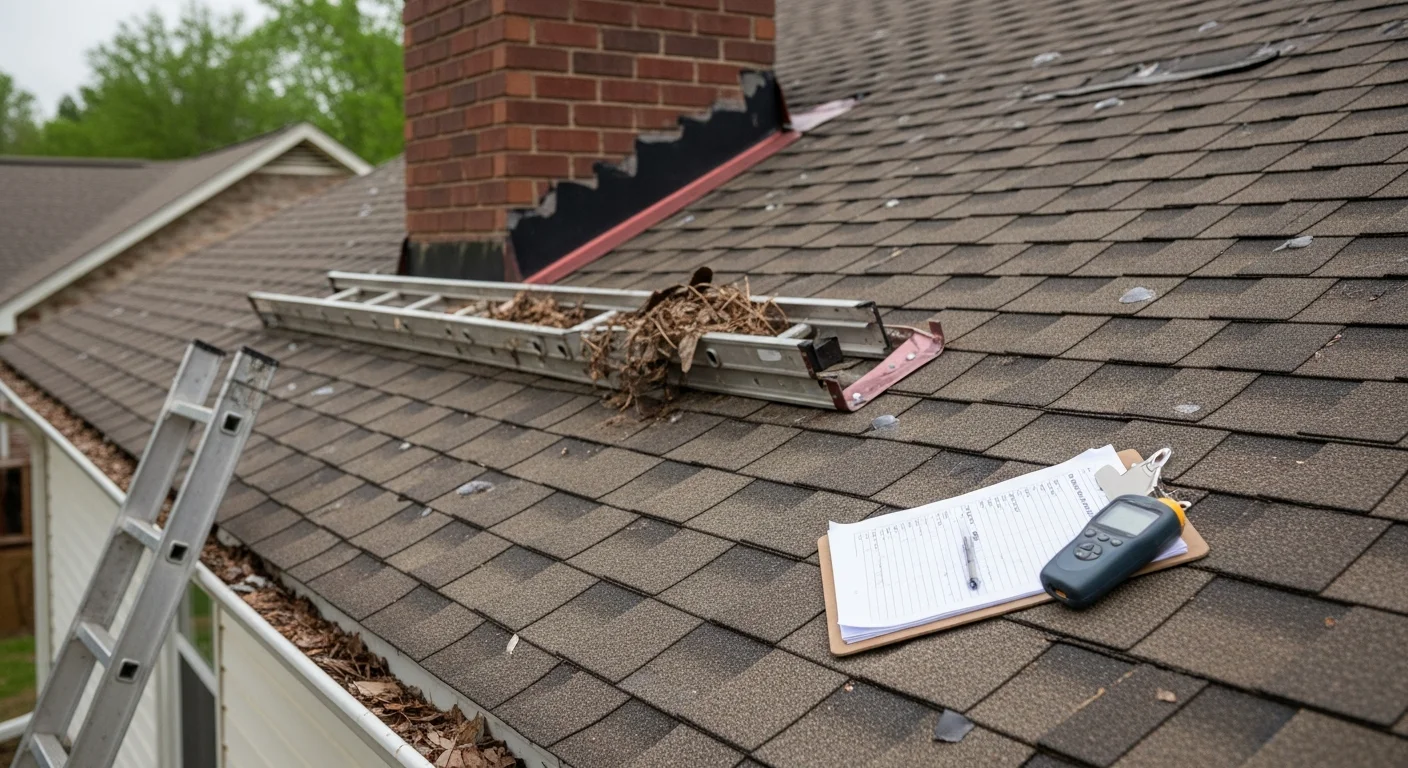A Jorco Construction roofer inspecting the surface, flashing, and gutters of a residential roof in Athens, GA. Close-up view shows the inspector documenting findings on a sloped roof under clear Georgia skies.