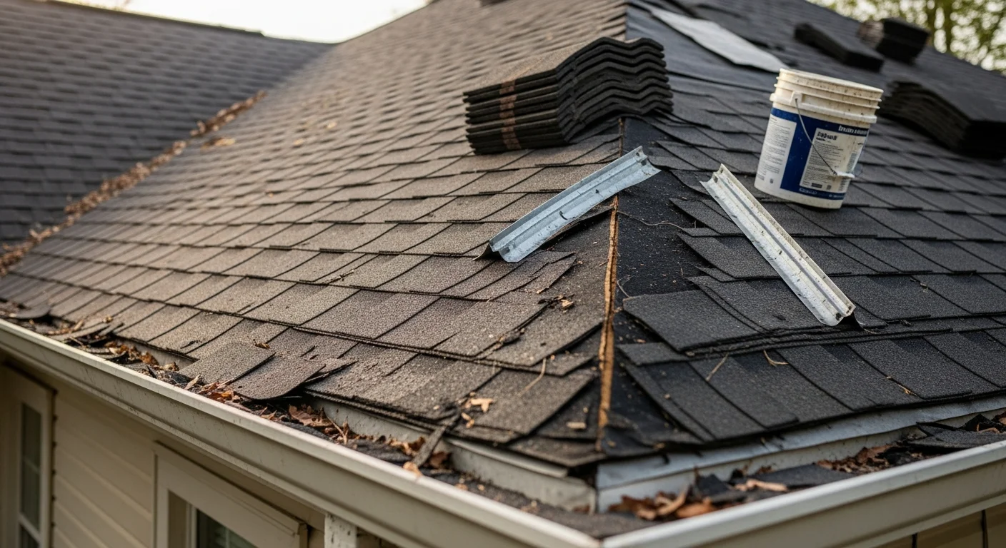 A Jorco Construction crew member repairing damaged shingles on a residential roof in Athens, GA. Close-up view shows repaired flashing and replaced shingle sections on a steep-slope roof with a residential neighborhood visible in the background.